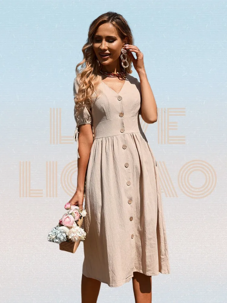 Apricot Short-sleeved Office Lady Single Breasted Dress Summer 2022 Women Elegant Fashion Cotton Linen V-neck A-line Long Dress
Apricot Short-sleeved Office Lady Single Breasted Dress Summer 2022 Women Elegant Fashion Cotton Linen V-neck A-line Long Dress