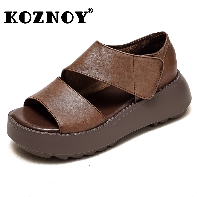 

Koznoy 5.5cm Cow Natural Genuine Leather Loafer Rubber Flats Soft Soled Hook Sandals Summer Cozy Comfy Contoured Peep Toe Shoes