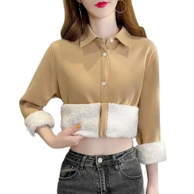 

Fashion Corduroy Add Velvet Shirt Women's Top 2022 Autumn Winter New Thickening Warm Bottoming Shirt Casual Shirt Jacket Female