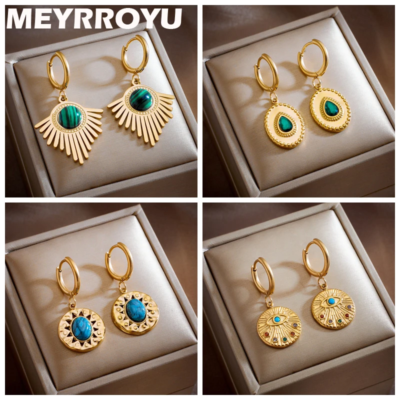 

MEYRROYU 316L Stainless Steel Vintage Geometric Metal Golden Blue Stone Hoop Earrings for Women Statement Jewelry Party Gift