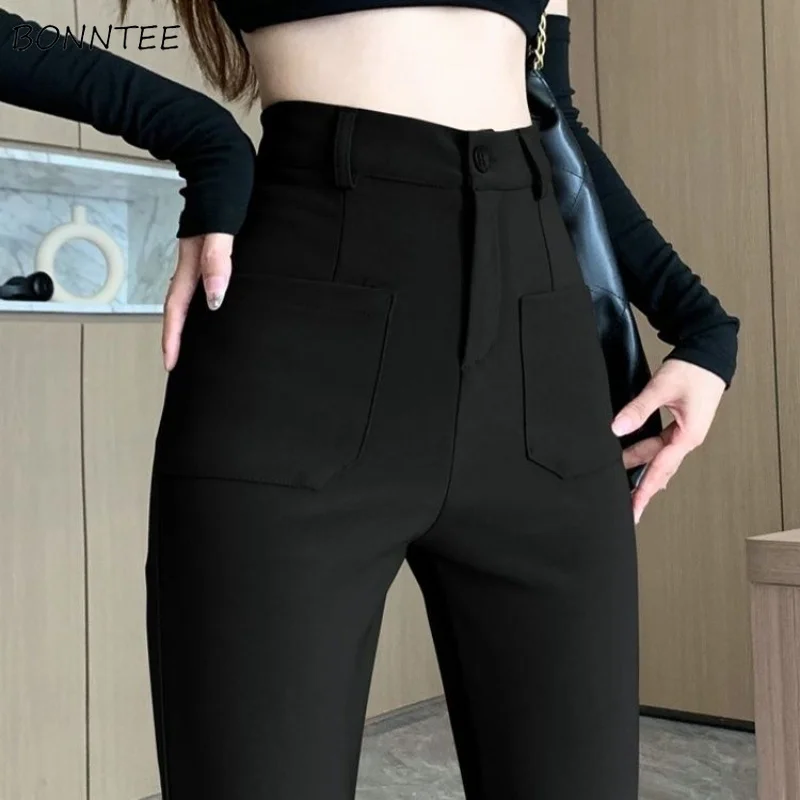 

Брюки-клеш Женские с завышенной талией, однотонные удобные модные простые винтажные узкие офисные штаны с карманами в Корейском стиле для отдыха
