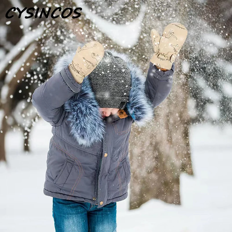 

Зимние теплые детские шерстяные вязаные толстовки с капюшоном шапка с принтом динозавра детские перчатки с мультяшным принтом утолщенные флисовые водонепроницаемые лыжные перчатки для снега