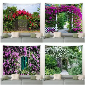 Spring Garden Landscape Tapestry Fence Nature Flowers Plants Modern Home Living Room Courtyard Decor Wall Hanging Picnic Mats