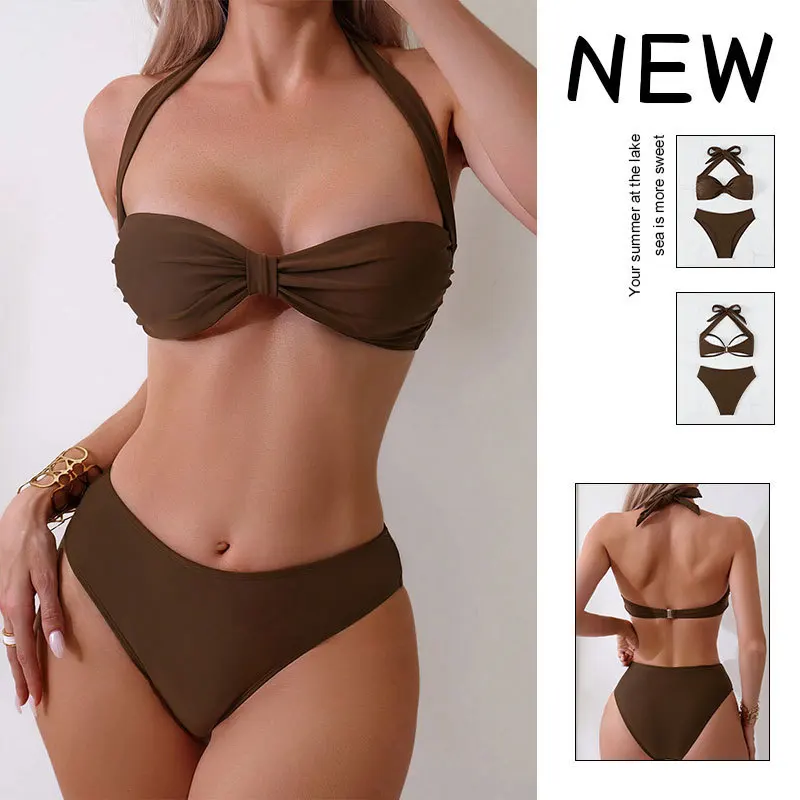 Новый однотонный купальник из двух частей, женское бикини на шнуровке, сексуальный купальный костюм