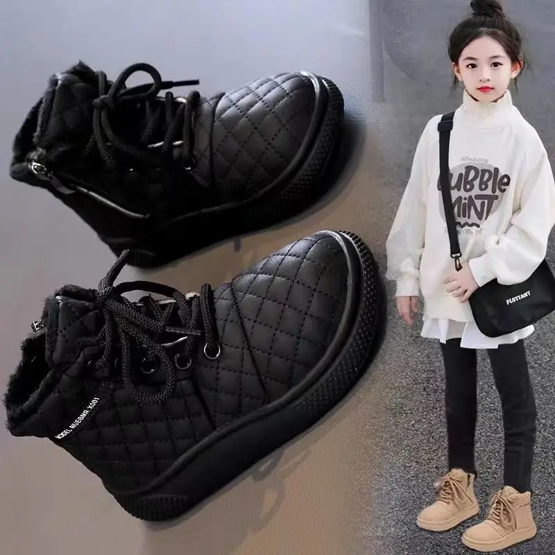 

Короткие ботинки, новинка 2023, Детские хлопковые ботинки, Повседневная плюшевая нескользящая обувь цвета хаки, модные зимние ботинки для девочек, детская обувь
