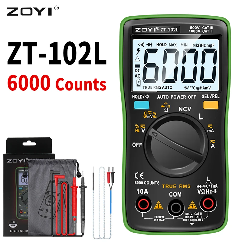 ZOYI ZT102L Digital Multimeter 6000 Counts Auto Range Backlight AC/DC Ammeter Volt Ohm Tester Meter Multimeter
ZOYI ZT102L Digital Multimeter 6000 Counts Auto Range Backlight AC/DC Ammeter Volt Ohm Tester Meter Multimeter