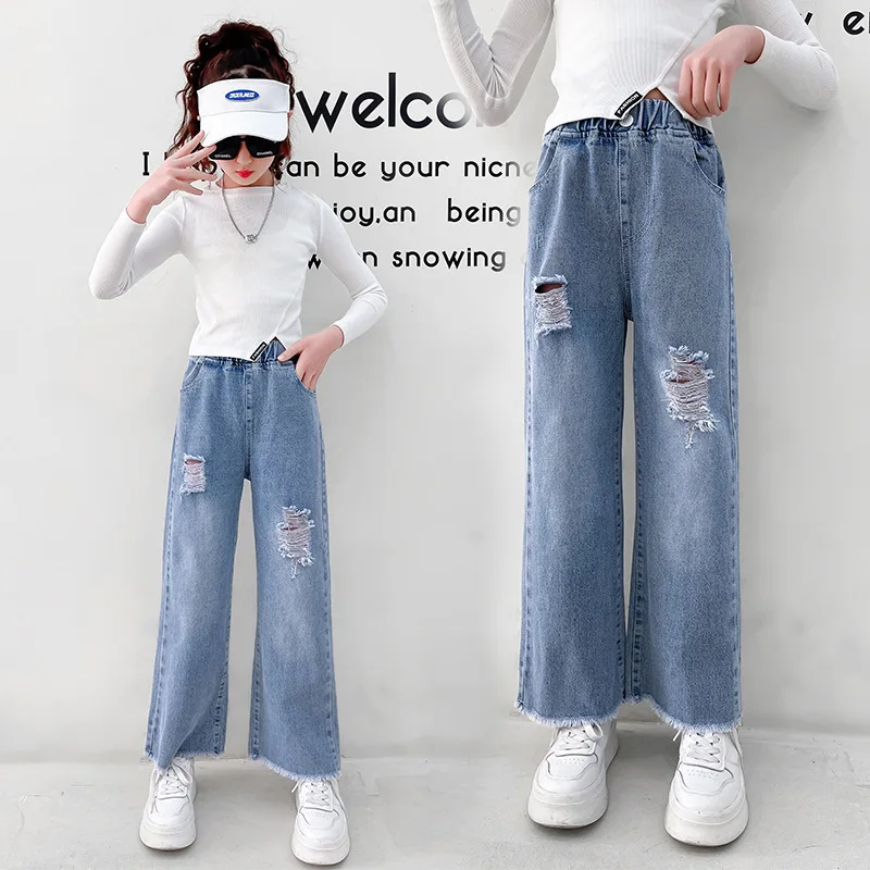 

Jeans For Girls Kids Ripped Hole Casual Trousers Teenage Solid Wide Leg Pants Spring Fall Kids Girls Clothes 4 5 6 7 8 10 12 14Y