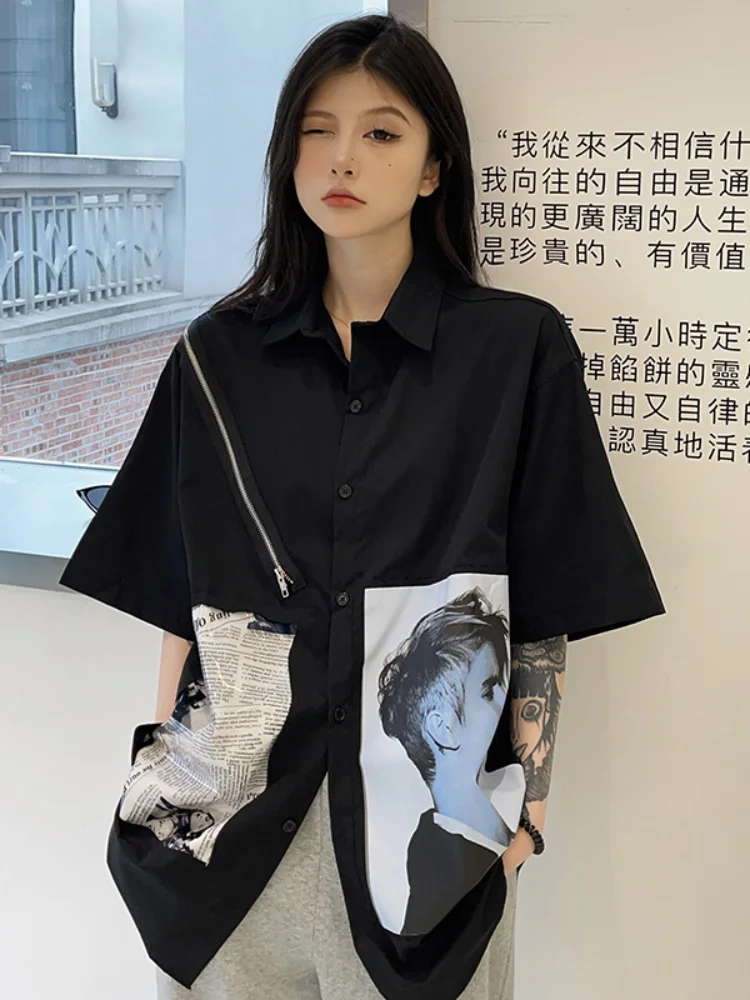 Y2k Short Sleeve Women Men Blouse Korean Fashion Loose Casual Blusas Vintage Print Zipper Patchwork Black Turn Down Collar Shirt
Y2k Short Sleeve Women Men Blouse Korean Fashion Loose Casual Blusas Vintage Print Zipper Patchwork Black Turn Down Collar Shirt