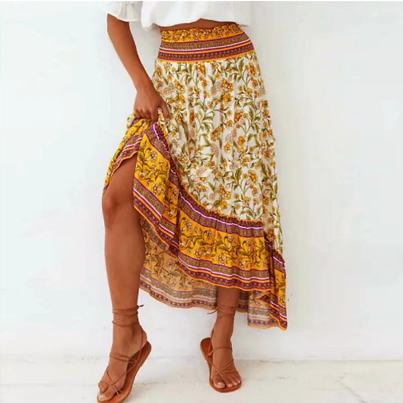 

2022 Boho Print Long Skirts Women Bottoms Elastic Waist Gypsy Ethnic Ladies Skirt Summer High Waist Floral Vacation Maxi Skirts