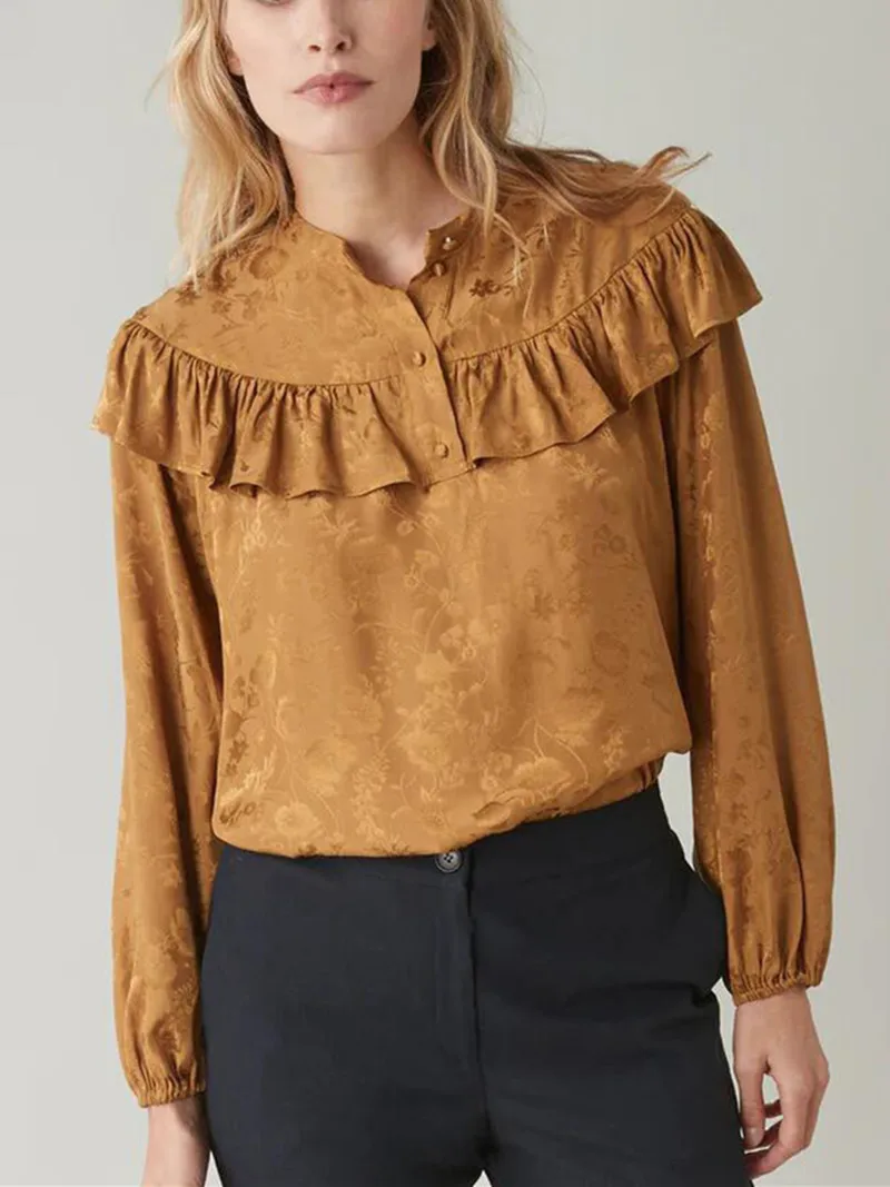 

Женская жаккардовая рубашка с оборками, элегантная французская блузка на пуговицах с длинным рукавом и круглым вырезом, весна 2023