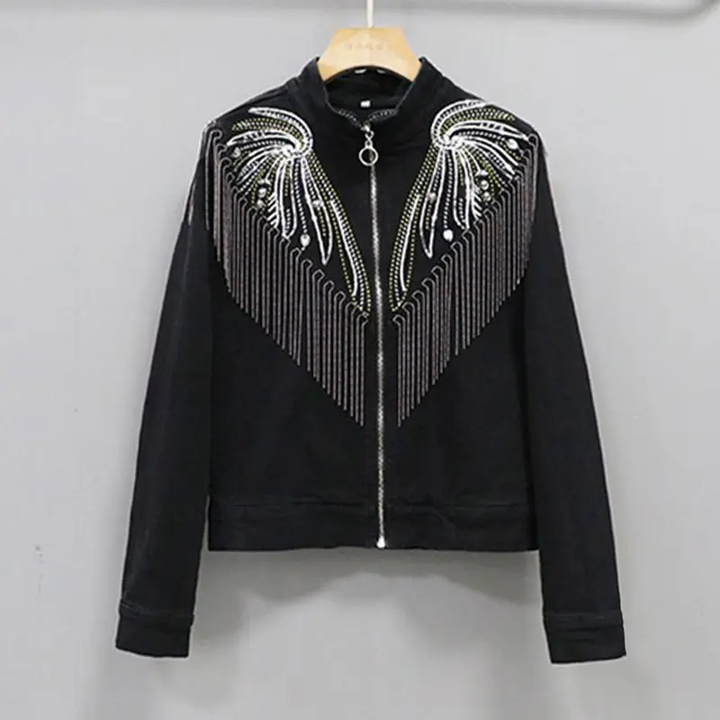 Black Denim Coat Shiny New Style Personalized Handsome Tassel Sequin Slim Fit Short Jacket Trend 
Black Denim Coat Shiny New Style Personalized Handsome Tassel Sequin Slim Fit Short Jacket Trend