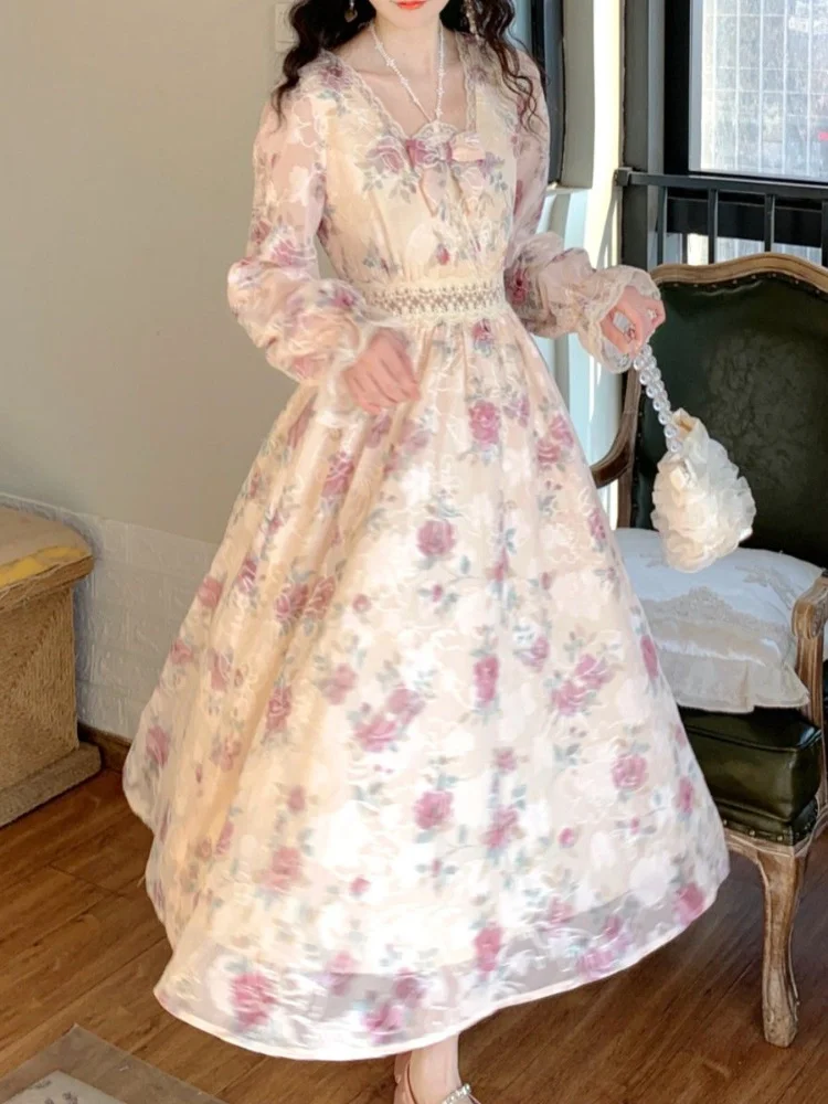 Шифоновое милое платье с поясом, женское корейское модное Цветочное платье с принтом, женское платье составного кроя с расклешенными рукав...