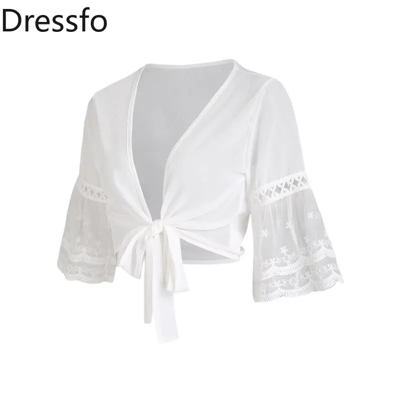 

Dressfo Sheer Cropped Cover Up Top Crochet Lace Mesh Bell Sleeve Open Front Bowknot Coverups