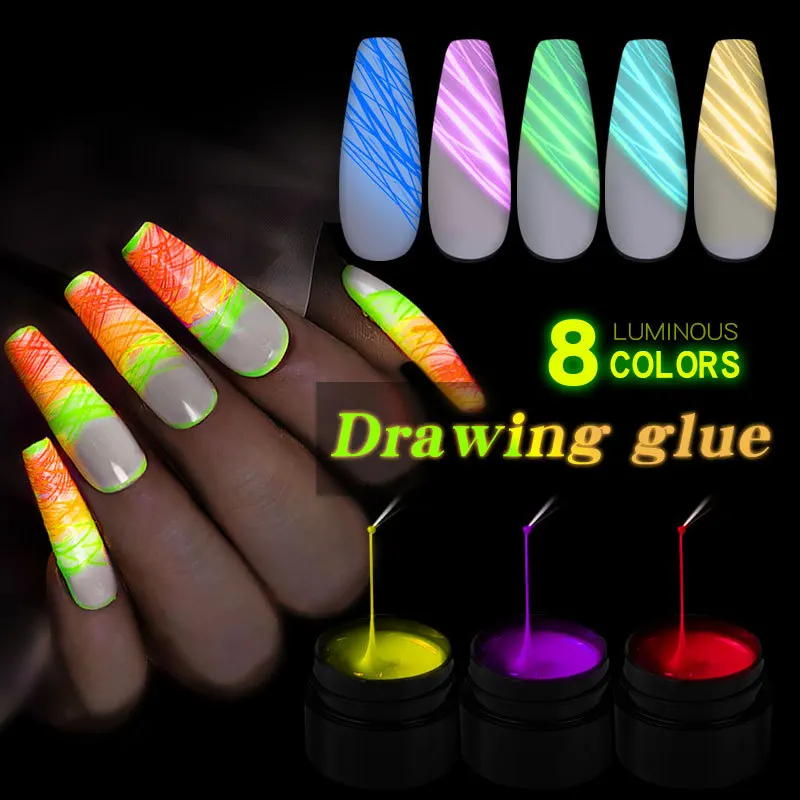 

8 colors Luminous Spider Gel, UV Gel Nail Polish Glow in The Dark Nail Art Drawing Gel for Line Neon Fluorescent Manicure 7ml