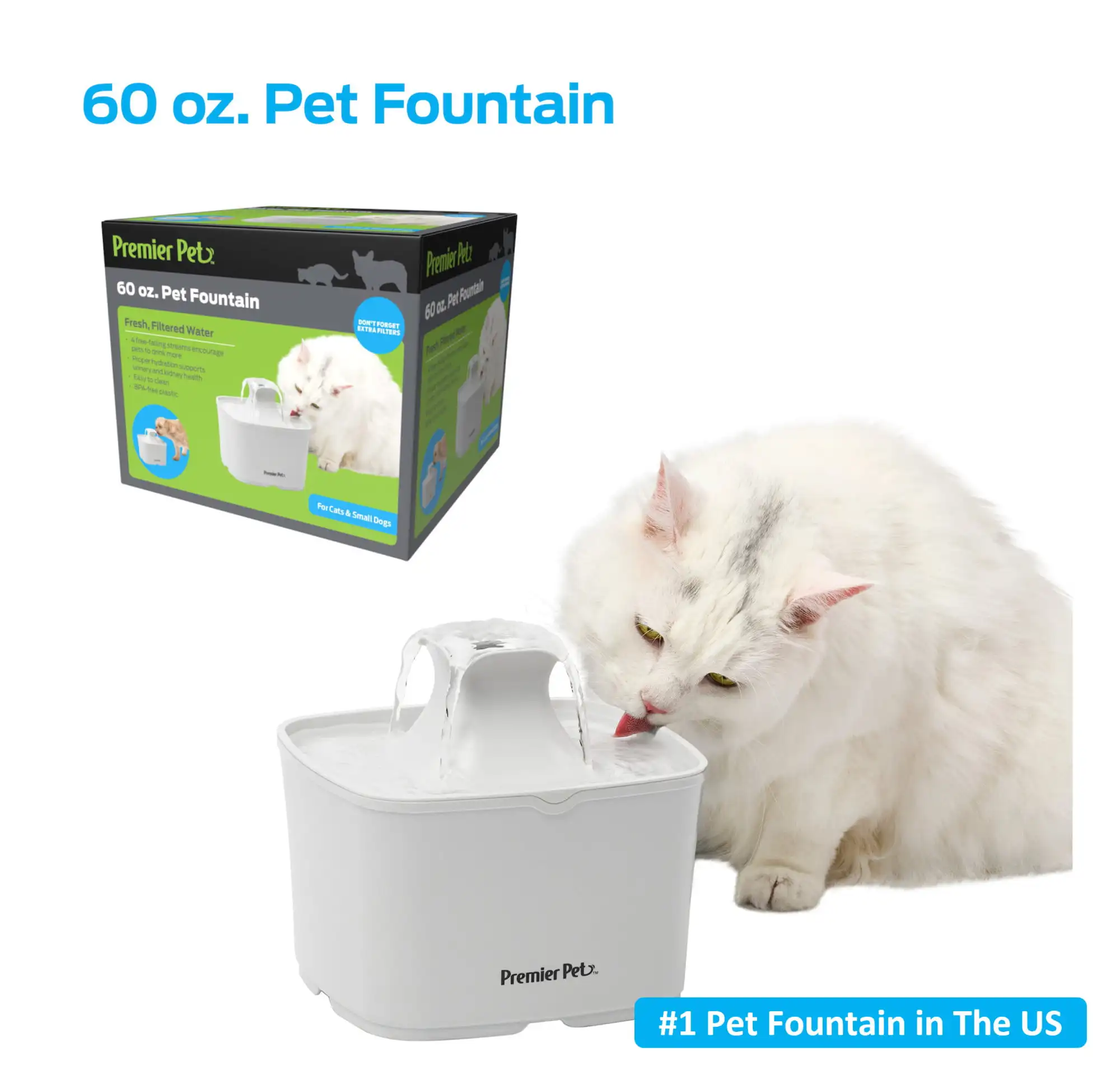 

60 oz. Pet Fountain- Automatic water fountain for cats & small dogs, fresh, filtered water, promotes hydration, adjustable water