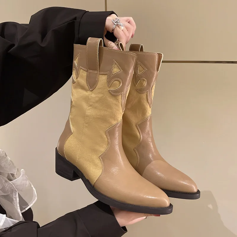 Mid Calf Western Boots Cowboy Pointed Toe Knee High Pull on Boots Ladies 2022 Fashion Leather Embroidery Botas Mujer 
Mid Calf Western Boots Cowboy Pointed Toe Knee High Pull on Boots Ladies 2022 Fashion Leather Embroidery Botas Mujer