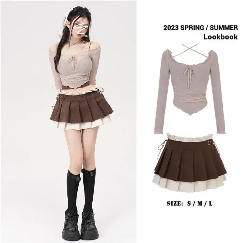 Cool American-style Coffee Color Slimming Bandage Pleated Skirt Two-piece Suit with Vest and Navel-baring Short Top for Girls
Cool American-style Coffee Color Slimming Bandage Pleated Skirt Two-piece Suit with Vest and Navel-baring Short Top for Girls