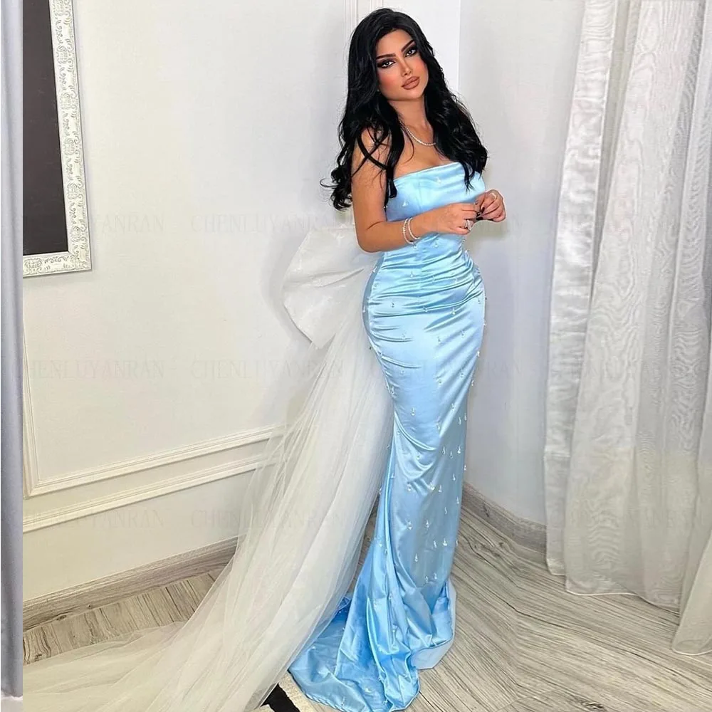 Exquisite Mermaid Prom Dresses 2023 Women Strapless Satin Beading Long Evening Gowns Tulle Big Bow Sky Blue Formal Party Dress
Exquisite Mermaid Prom Dresses 2023 Women Strapless Satin Beading Long Evening Gowns Tulle Big Bow Sky Blue Formal Party Dress