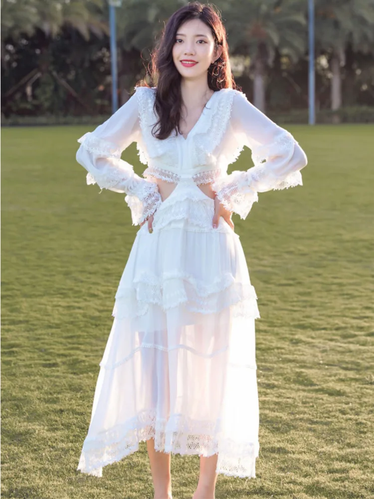 Women's New Seaside Holiday Clothes Summer Fashion White Lace Sexy V-Neck Backless Hollow Out Waist Elegant Long Dress
Women's New Seaside Holiday Clothes Summer Fashion White Lace Sexy V-Neck Backless Hollow Out Waist Elegant Long Dress