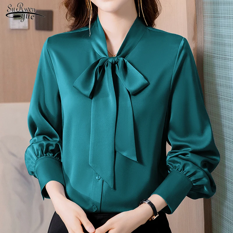 

New Elegant Chiffon Blouse Women 2023 Office Lady Shirts Women Tops Bow Straight Long Puff Sleeve Female Clothing Blusas 20385