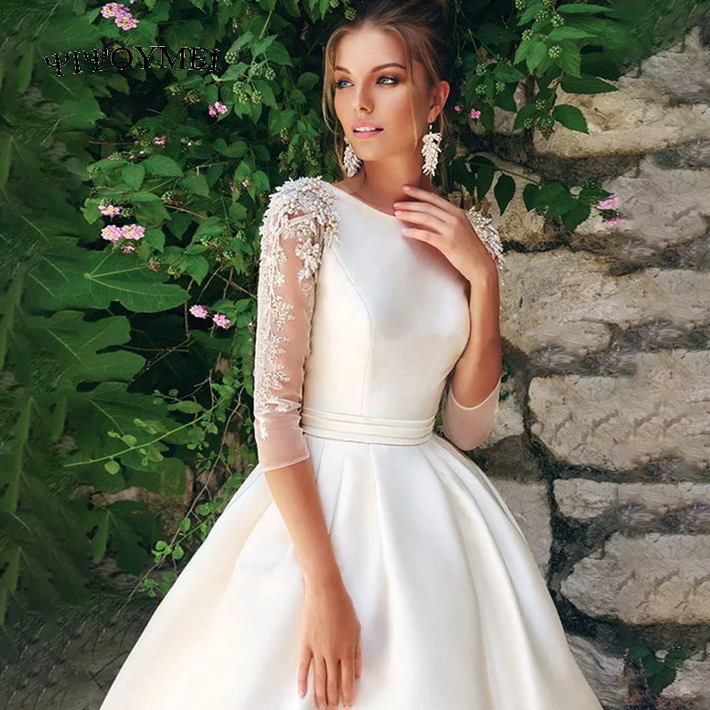 

O-neck 3/4 Sleeves Beading Applique Satin A-line Wedding Dress with Pleat Belt Sweep Train Lace-up High Quality Bridal Dresses
