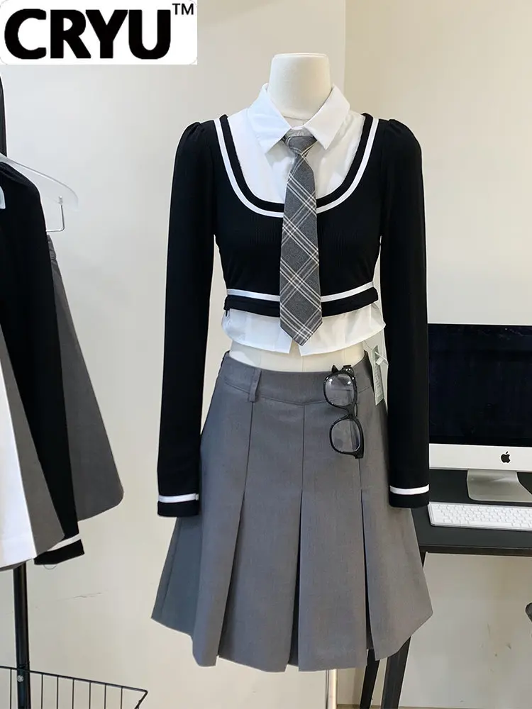 Women Vintage Preppy Style Two-piece Set Lapel Fake Two Pieces Patchwork Design Crop Shirt+A Line High Waist Mini Pleated Skirts 
Women Vintage Preppy Style Two-piece Set Lapel Fake Two Pieces Patchwork Design Crop Shirt+A Line High Waist Mini Pleated Skirts