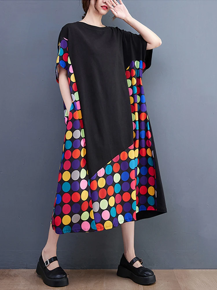 

Patchwork Polka точка печати платья для женщин короткий рукав свободные случайные винтажные Midi лето платье моды элегантная одежда 2023