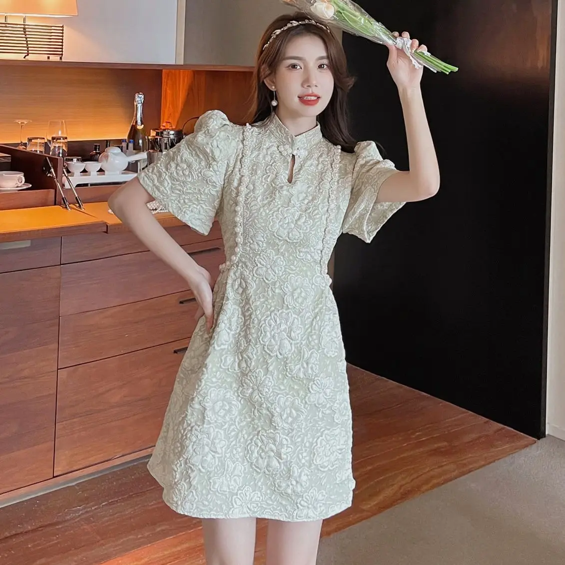 Women's Summer Dress Chinese Style Cheongsam Short Sleeve Puff Sleeve Beading High Waist Green Apricot Dresses Dropshipping
Women's Summer Dress Chinese Style Cheongsam Short Sleeve Puff Sleeve Beading High Waist Green Apricot Dresses Dropshipping