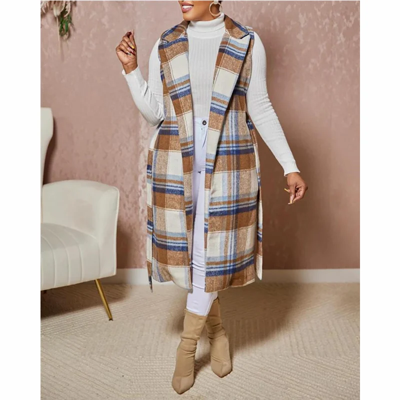 

Plaid Print Belted Longline Vest Coat Women Elegant Autumn Winter Loose Sleeveless Pocket Waistcoat Overcoat