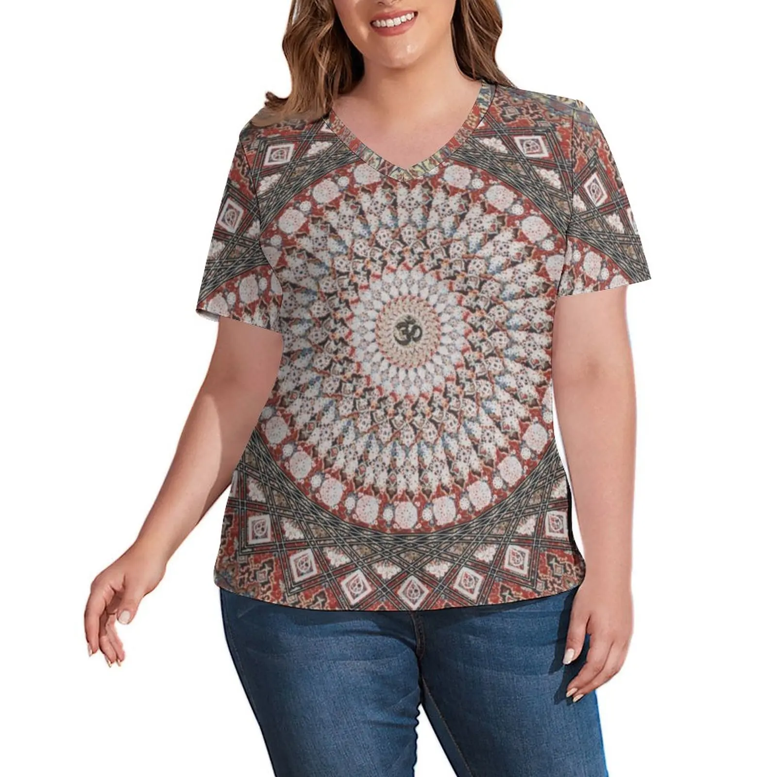 Женская футболка с принтом мандалы, V-образным вырезом и графическим принтом 
Женская футболка с принтом мандалы, V-образным вырезом и графическим принтом