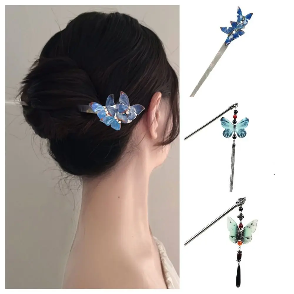 

Металлическая палочка для волос в виде бабочки, Классические Акриловые палочки для еды в китайском стиле, палочки для волос Hanfu для девушек