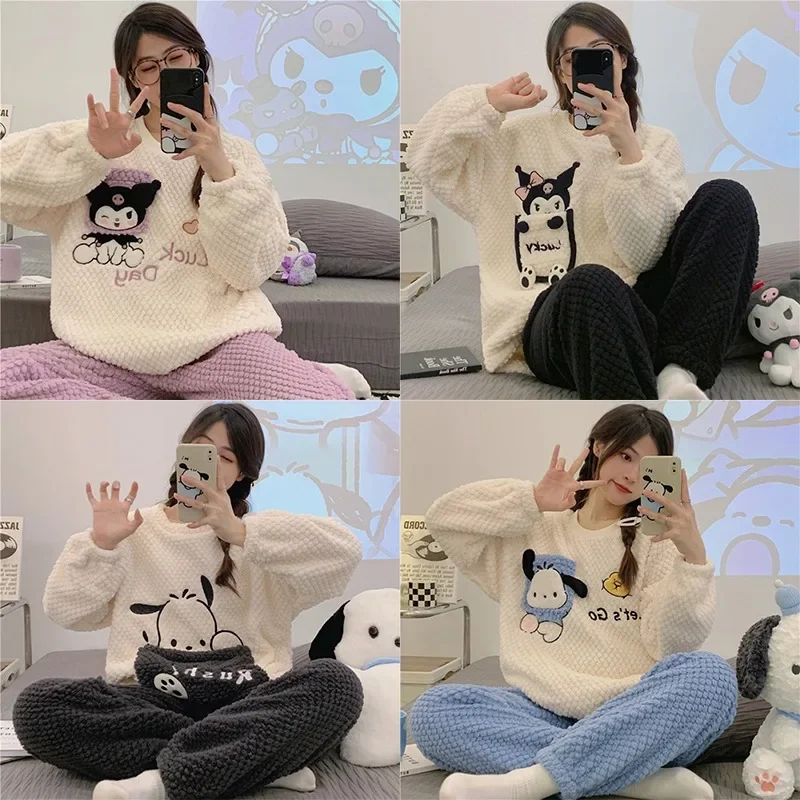 

Anime Pochacco Sanrio Kawaii Plush Pajama New Kuromi Cute Winter Thickened Flannel Warm Homelike Pullover Set Birthday Girl Gift