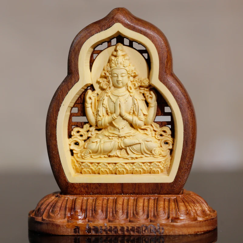 

Буддизм домашний Автомобиль Будда декоративное украшение талисман четыре руки Гуаньинь Будда талисман резьба по дереву безопасная статуя Будды