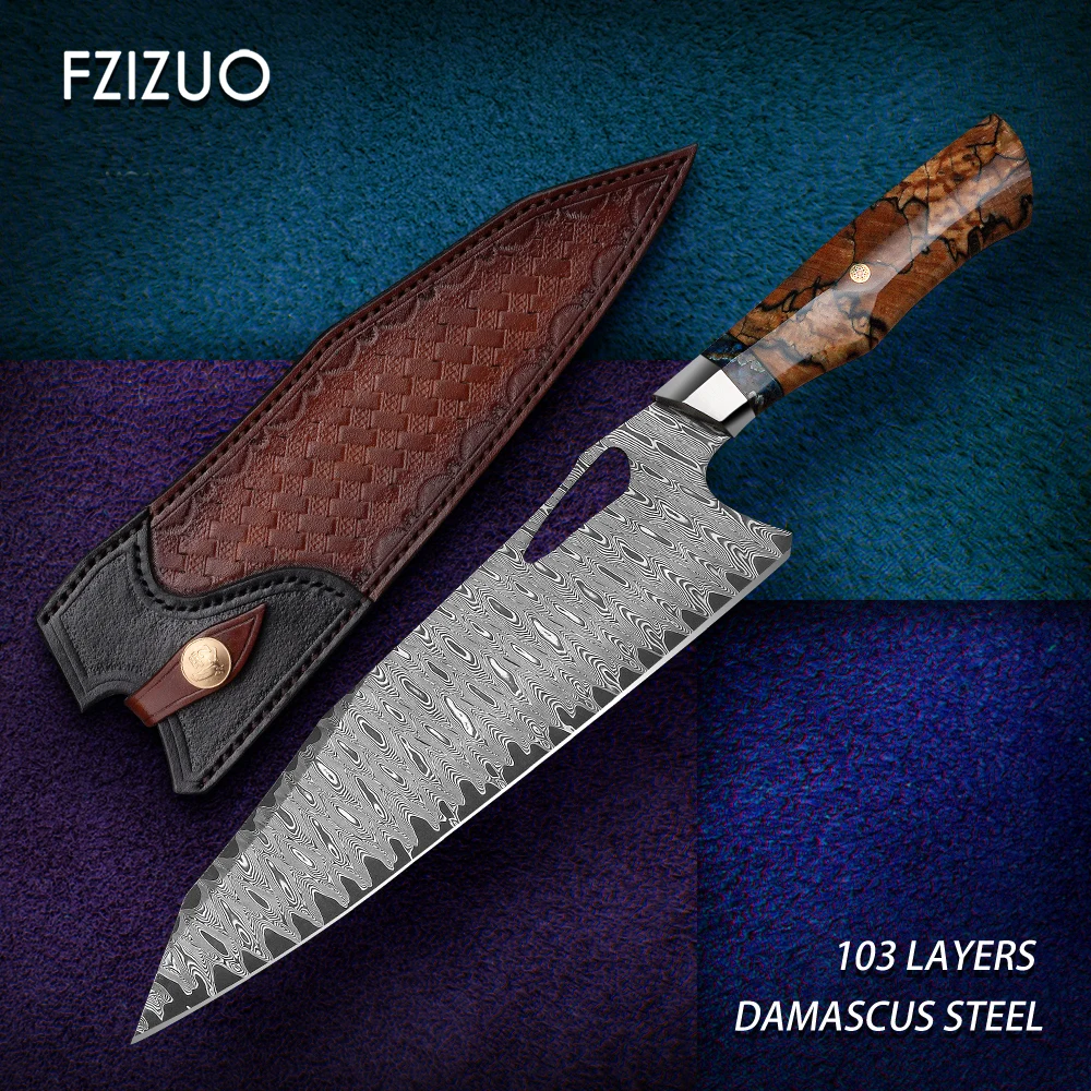 FZIZUO 9.5" Damascus Steel VG10 Steel Core Chef's Knife Stable Cured Wood Handle Kitchen Cooking Tool with Leather Case
FZIZUO 9.5" Damascus Steel VG10 Steel Core Chef's Knife Stable Cured Wood Handle Kitchen Cooking Tool with Leather Case