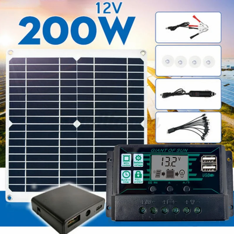 200W Solar Panel Kit Solar Panel High Efficience Travel & Phone Boat Portable 12V Battery Charger with Controller
200W Solar Panel Kit Solar Panel High Efficience Travel & Phone Boat Portable 12V Battery Charger with Controller