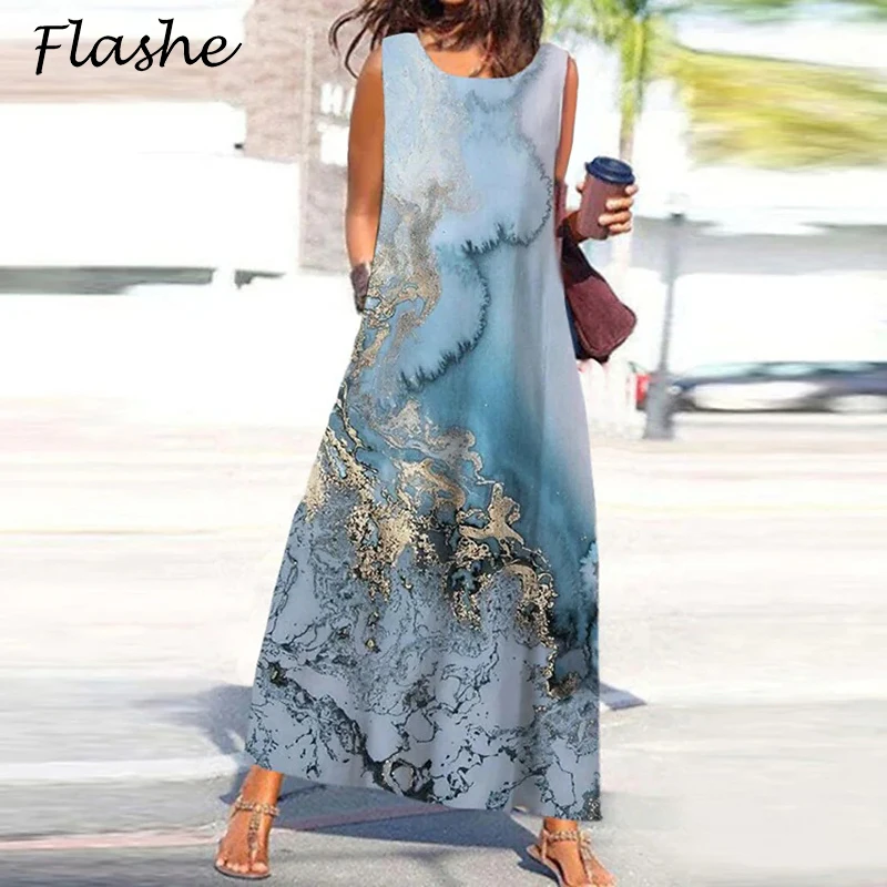 Vintage Print Dress Women Sleeveless O Neck Summer Beach Party Dresses Boho Casual Pocket Floral Print Maxi Long Dress 2022 
Vintage Print Dress Women Sleeveless O Neck Summer Beach Party Dresses Boho Casual Pocket Floral Print Maxi Long Dress 2022