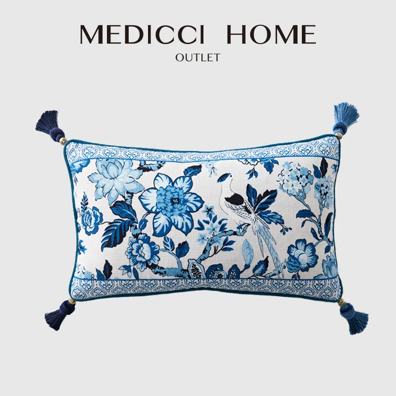 

Medicci Home Chinoiserie Retro Style Cushion Cover Blue And White Porcelain Floral Birds Print Lumbar Pillow Case Chic Home Deco