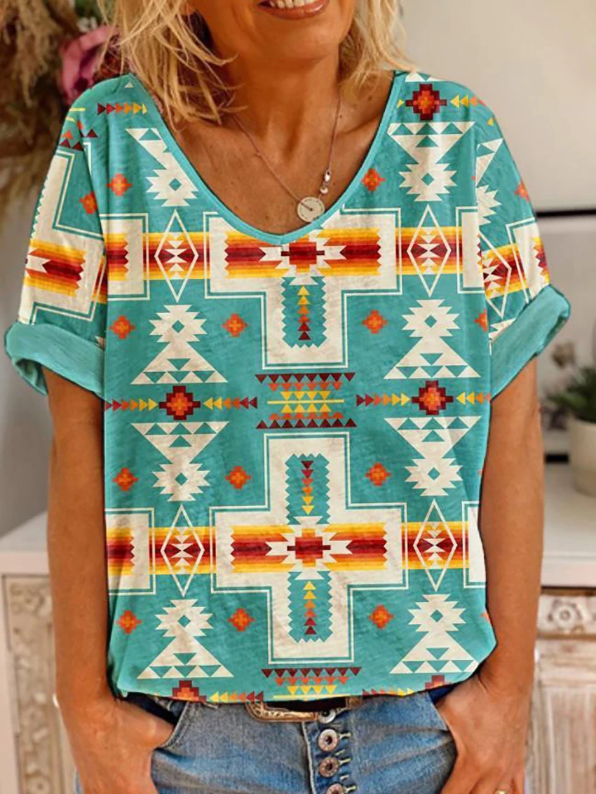 Women's Casual Short Sleeve T-Shirts Western Ethnic Print V-Neck Top Women's Loose Top T-Shirt
Women's Casual Short Sleeve T-Shirts Western Ethnic Print V-Neck Top Women's Loose Top T-Shirt