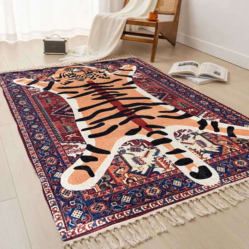 

American Style Retro Persian National Style Red Yellow Tiger Hand Knotted Fringed Cotton Polyester Cotton Linen Carpet Mat