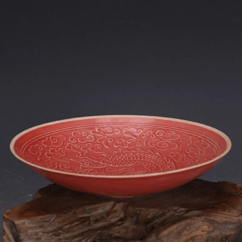 

Chinese Song Ding Kiln Red Glaze Porcelain Carving Dragon Design Bowl 8.20-Inch