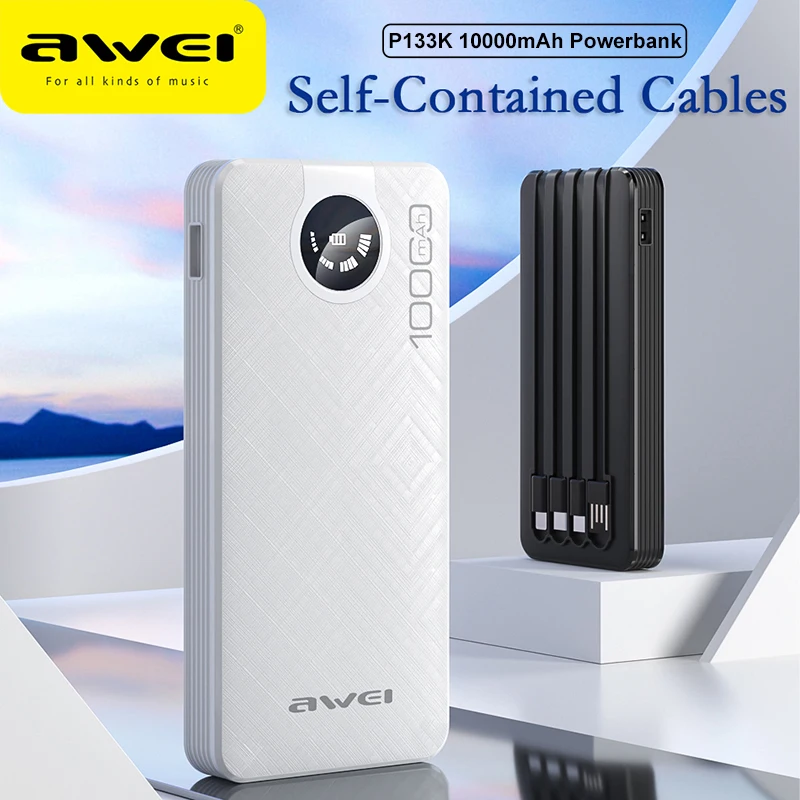 Awei P133K 10000mAh Portable Powerbank Built-in 4 Cables Output Power Bank External Battery Charger LED Power Display USB Input
Awei P133K 10000mAh Portable Powerbank Built-in 4 Cables Output Power Bank External Battery Charger LED Power Display USB Input