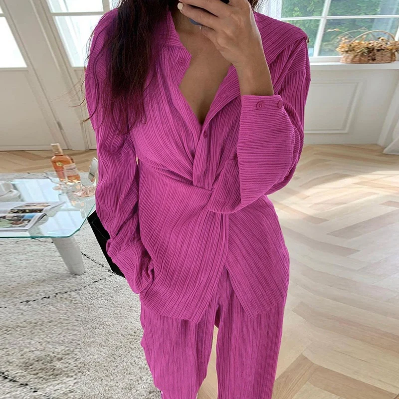 Fashion Button Pleated Design Solid Outfit Fall Chic Twist Pocket Straight Pants Suits Women Casual Lapel Long Sleeve Shirt Sets
Fashion Button Pleated Design Solid Outfit Fall Chic Twist Pocket Straight Pants Suits Women Casual Lapel Long Sleeve Shirt Sets