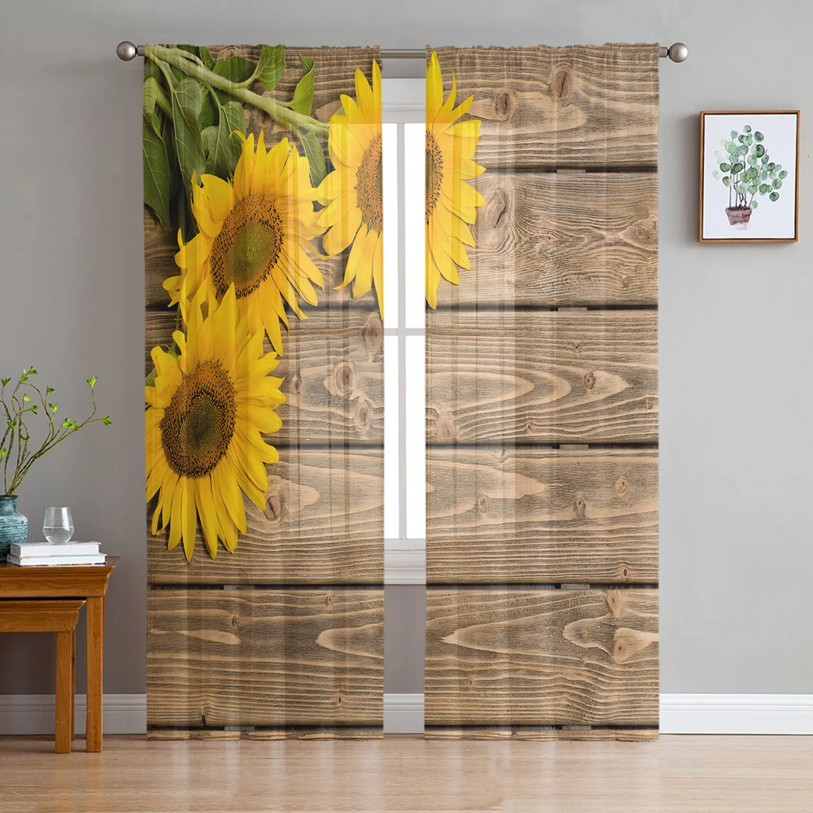 

Sunflowers Wood Boards Sheer Curtain for Living Room Voile for Window Blinds Bedroom Tulle Drape Kitchen Cortinas Hall Curtains