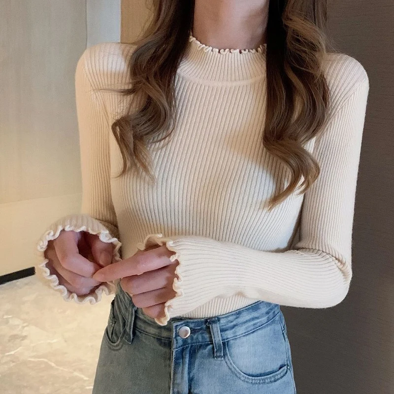 Spring Autumn Black Ruffled Collar Sweater Women Slim Casual Knitting Sweater Long Sleeves Elegant Korean Fashion Tops New 2022
Spring Autumn Black Ruffled Collar Sweater Women Slim Casual Knitting Sweater Long Sleeves Elegant Korean Fashion Tops New 2022