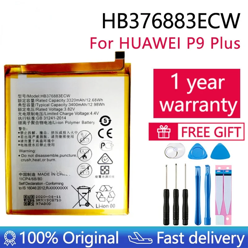 

100% Orginal HB376883ECW 3400mAh Battery For HUAWEI P9 Plus Mobile Phone Batteries+Tools