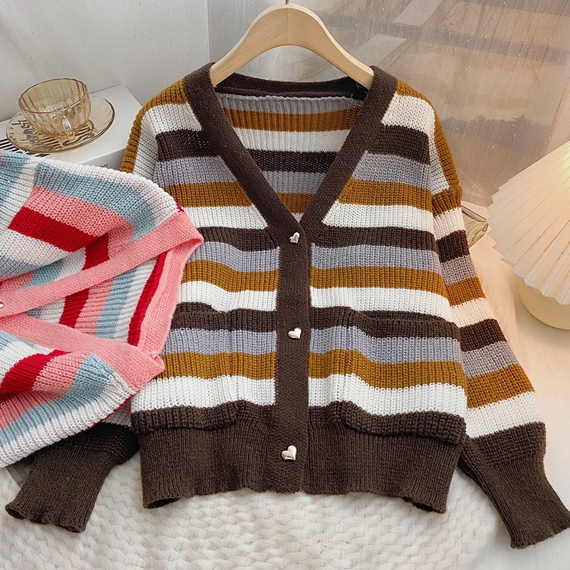 

Korean Fashion Women Sweater Striped V Neck Single Breasted Loose Long Sleeve Knitting Cardigans Sweater All Matched Coat