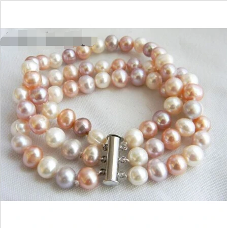 

free shipping 3Strands 8''7-8mm White Lavender Pink Round Freshwater Pearl Bracelet Noble style Natural