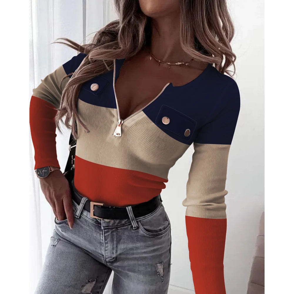 

Women Colorblock Zip Front Long Sleeve Ribbed Tee Top 2022 Femme Skinny Basics Casual Lady Blouse Scoop Neck T Shirt traf