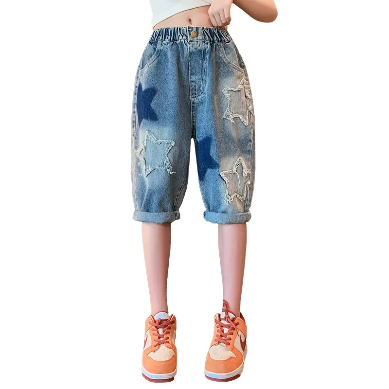 

Джинсовые шорты с высокой талией для девочек-подростков, модные хлопковые школьные штаны из денима со звездами, для детей 6, 8, 10, 12, 14 лет, на лето
