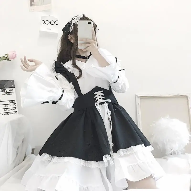 

Длинное платье в стиле аниме, женский наряд горничной, черно-белый фартук, мужской костюм Лолиты, косплей, милая японская сексуальная одежда...